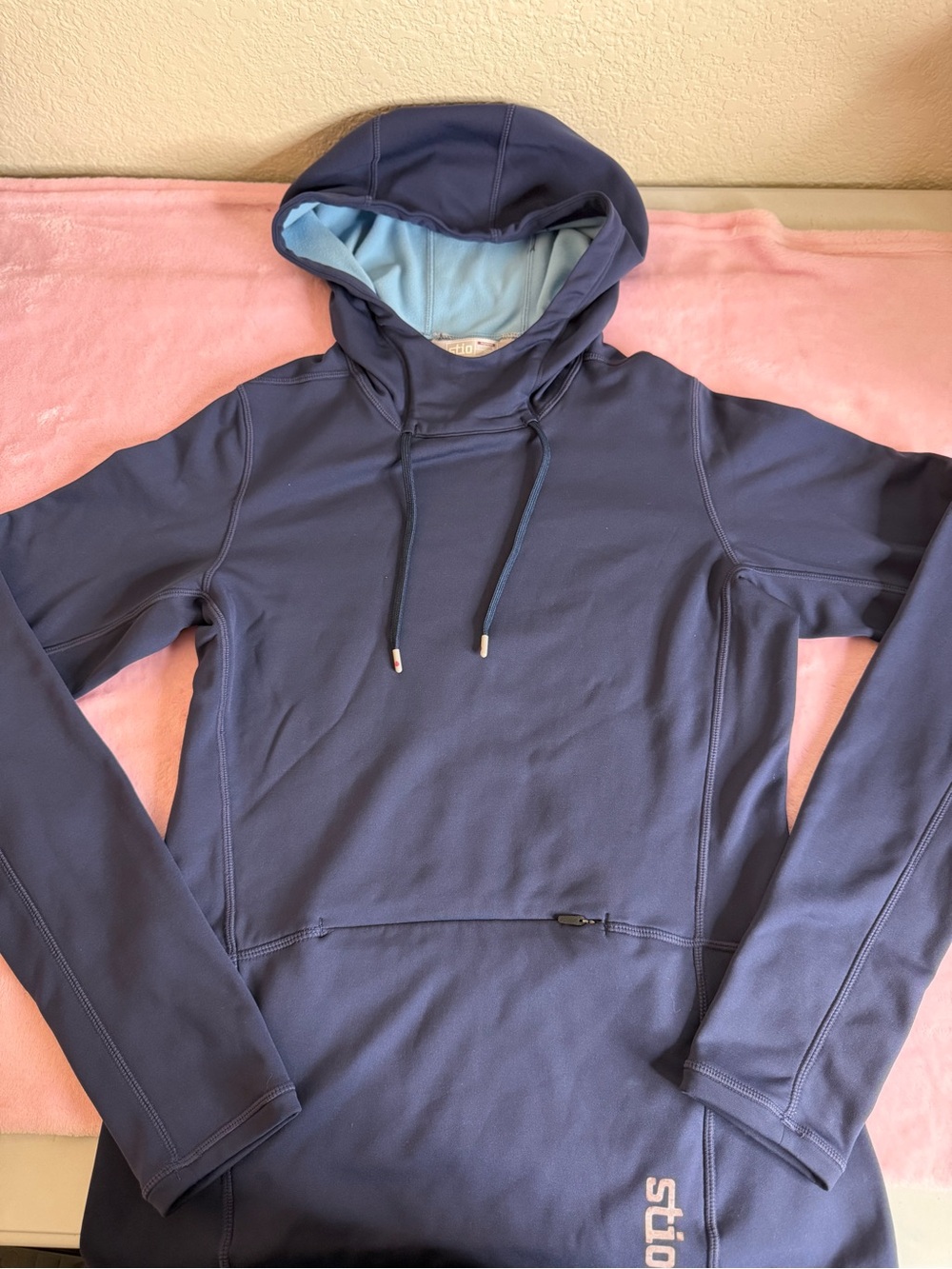 Stio Men's Navy Hooded Crewneck Sweater with Light Blue Lining